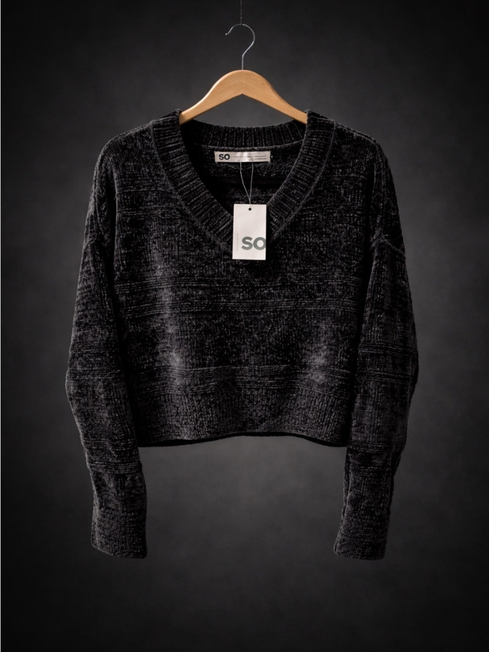 SO Black V-Neck Chenille Crop Sweater